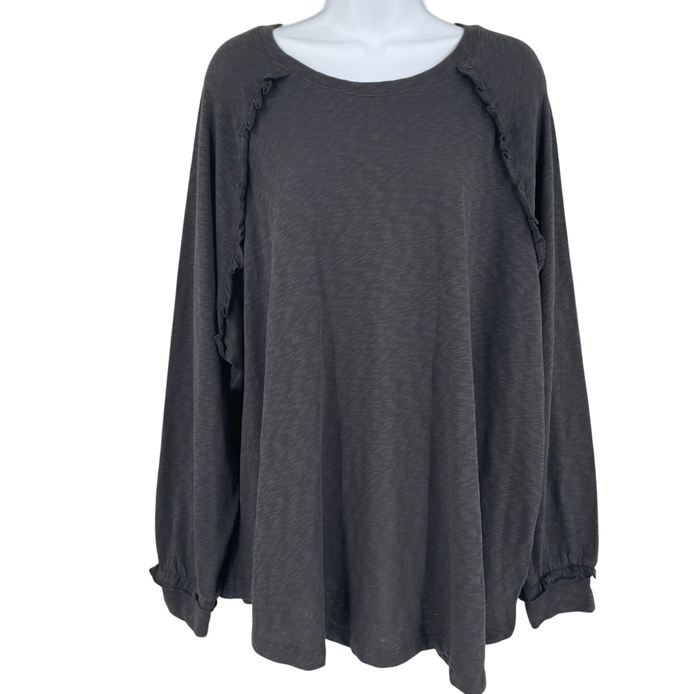 Torrid Top Womens 1X Gray 100% Cotton Ruffle Raglan Sleeve‎ Slub Jersey NEW